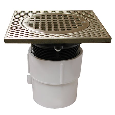 Jones Stephens 3in. x 4in. PVC Pipe Fit Drain Base with 3-1/2in. Plastic Spud and 5in. Nickel Bronze Strainer D53248